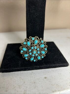 Synthetic Turquoise Floral Filigree Brooch - Women Jewelry